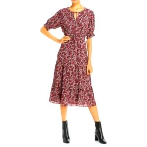 Aqua Red Gold Pink Floral Puff Short Sleeve Boho Midi Dress SZ M